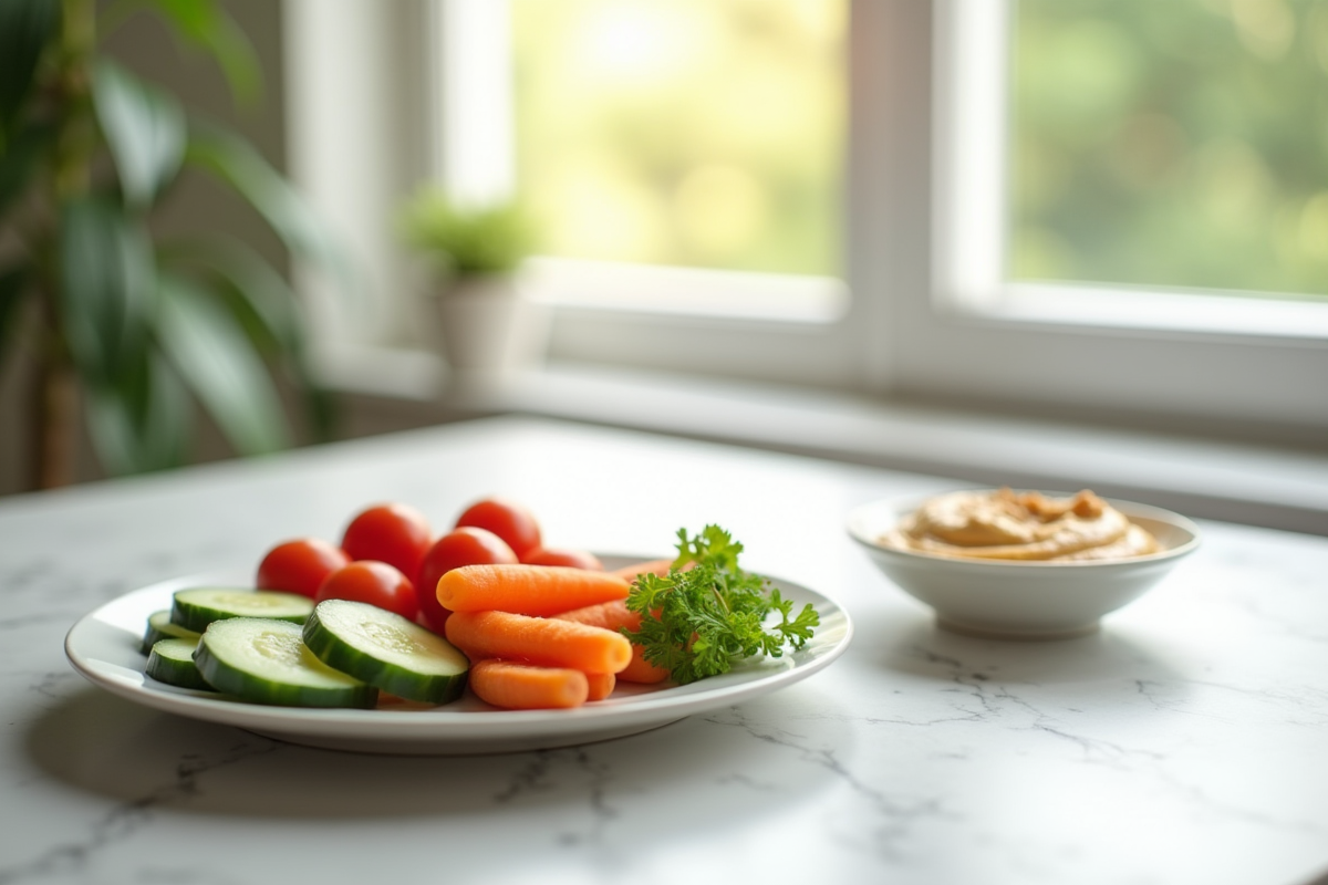 Table de déjeuner minimaliste avec légumes frais et hummus
