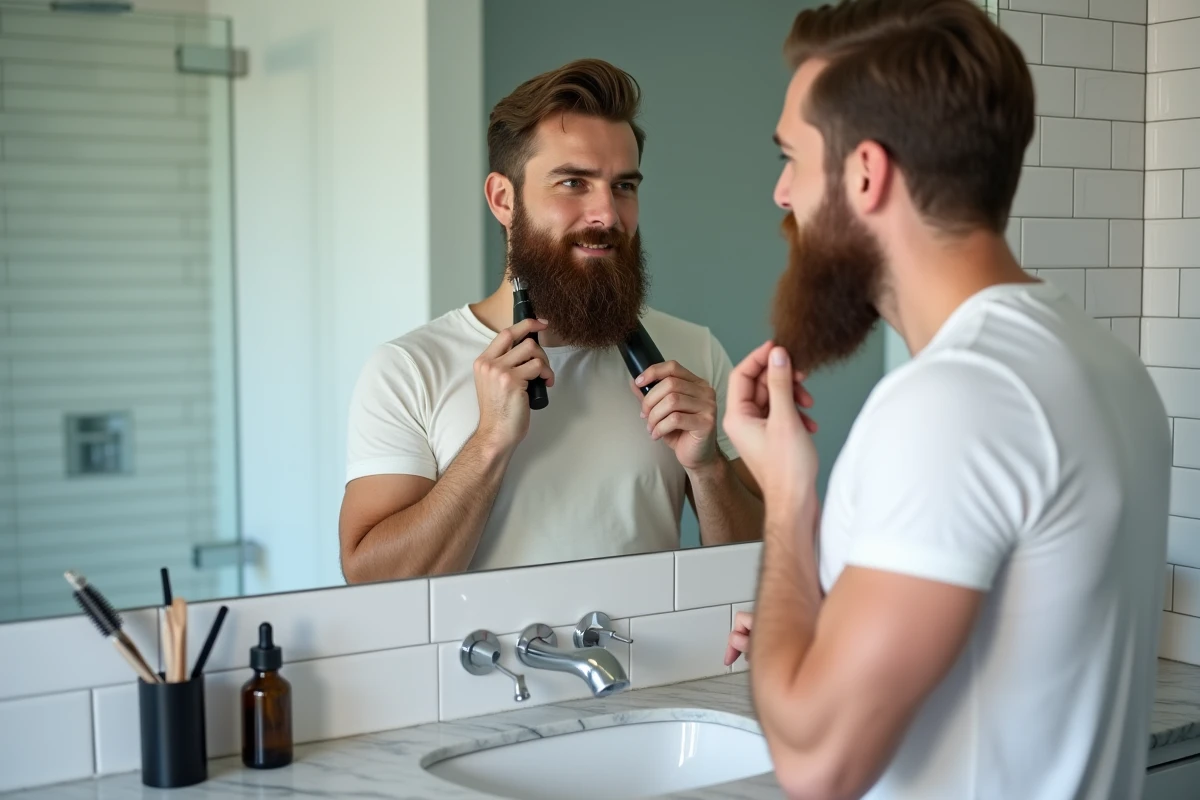 Homme taillant sa barbe longue avec une tondeuse dans une salle de bain moderne bien équipée