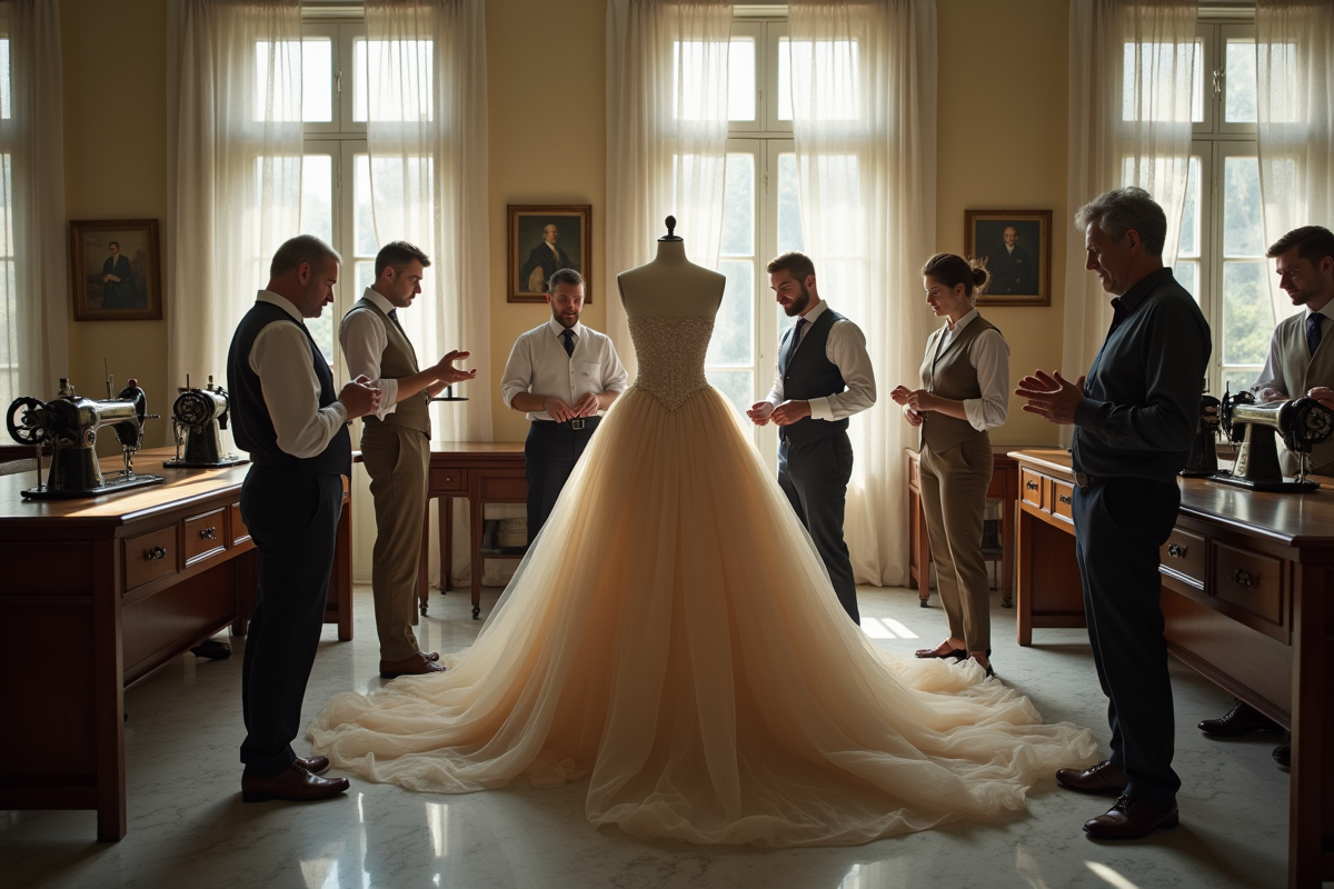 Tailors en atelier historique en train de coudre une robe