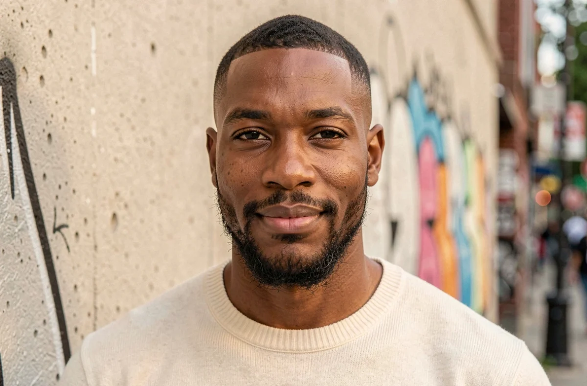 Homme à la peau foncée avec coupe taper fade et contours de barbe parfaitement dessinés, portrait urbain en extérieur