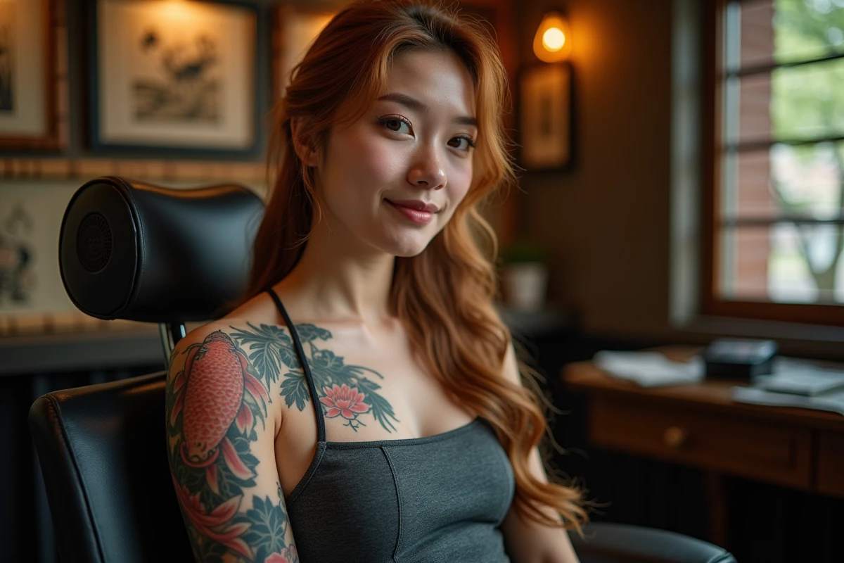 Jeune femme montrant un tatouage japonais koi et lotus sur le bras dans un studio de tatouage style irezumi à Toulouse