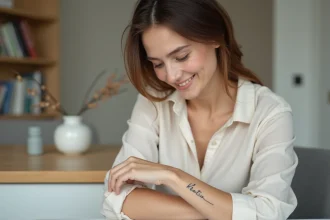 Tatouage prénom en écriture cursive élégante sur le poignet d'une jeune femme en intérieur minimaliste