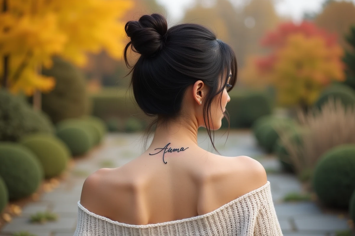 Tatouage prénom minimaliste sur la nuque d'une femme vue de dos dans un jardin botanique en automne