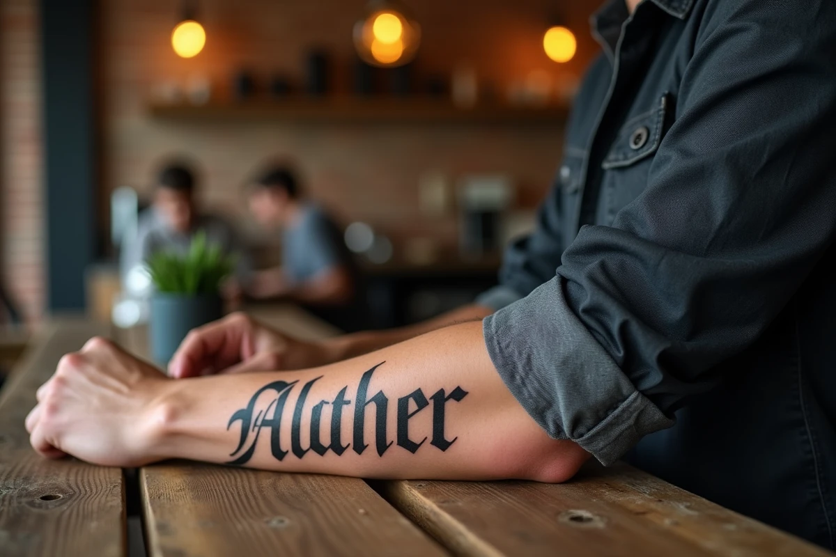 Tatouage prénom en lettres serif sur l'avant-bras d'un homme dans un café urbain au décor en brique