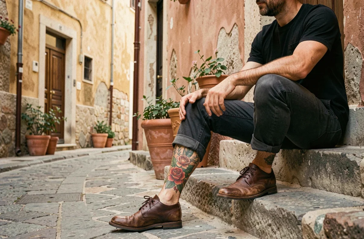 Homme assis sur des marches en pierre avec un tatouage rose coloré sur le mollet dans une ruelle méditerranéenne