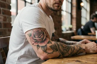 Homme avec un tatouage rose réaliste sur l'avant-bras dans un café urbain