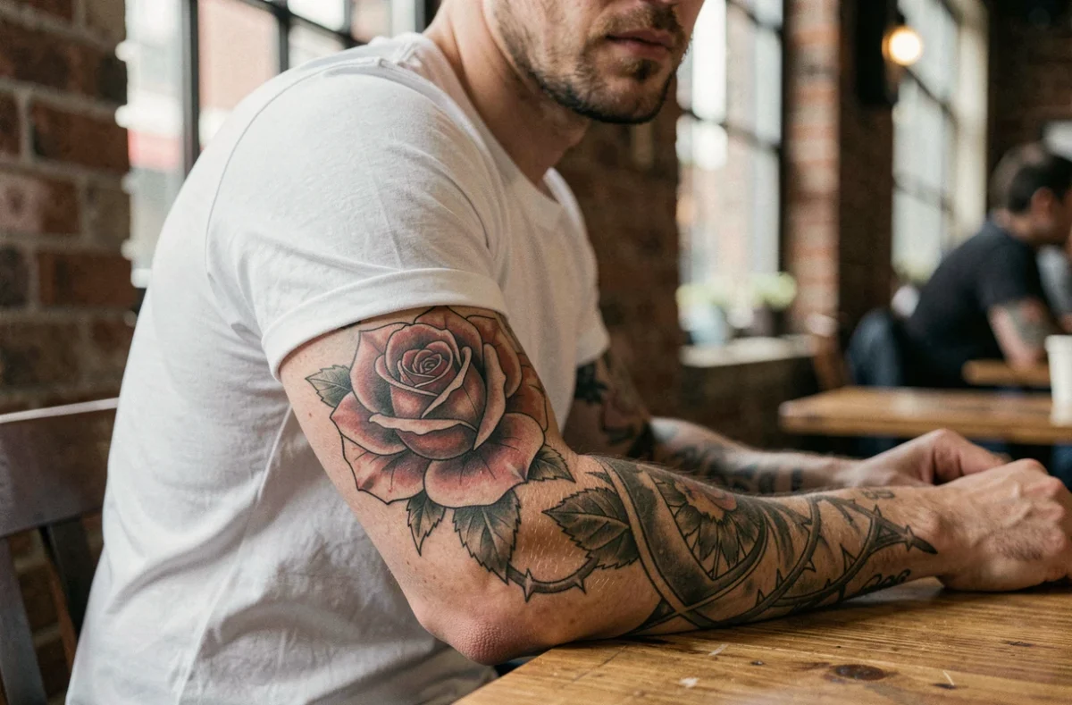 Homme avec un tatouage rose réaliste sur l'avant-bras dans un café urbain