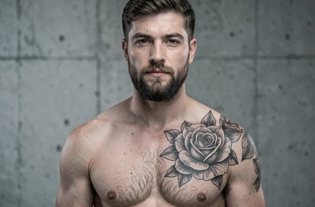 Homme barbu torse nu avec un grand tatouage rose noir et gris sur l'épaule en studio industriel