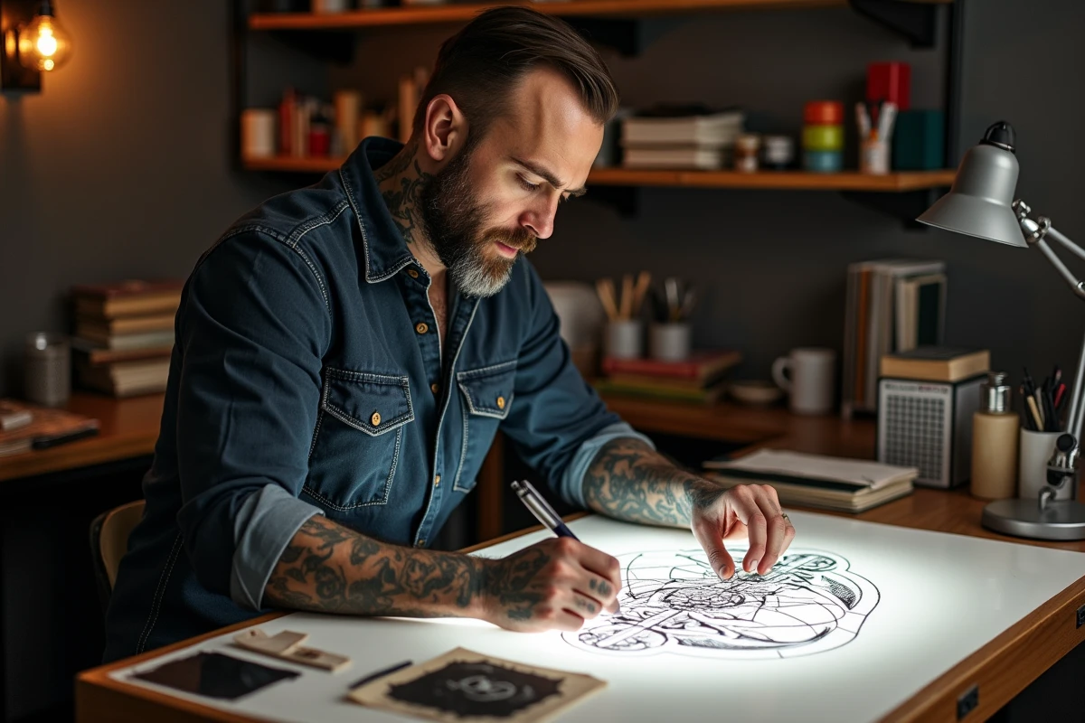 Tatoueur expérimenté préparant un pochoir de tatouage blackwork géométrique dans son studio de tatouage à Toulouse