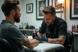 Tatoueur professionnel au travail dans un studio de tatouage moderne réalisant un tatouage floral sur l'avant-bras d'un client