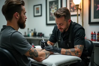 Tatoueur professionnel au travail dans un studio de tatouage moderne réalisant un tatouage floral sur l'avant-bras d'un client