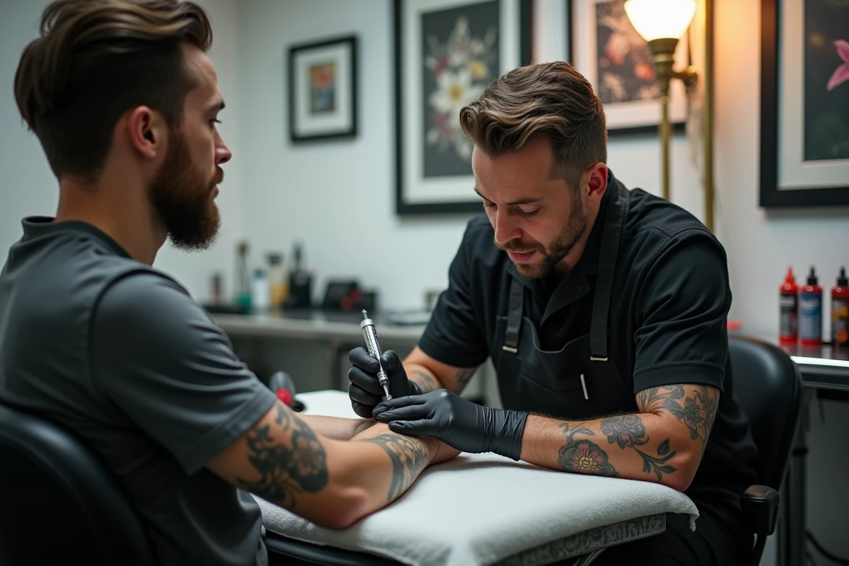 Tatoueur professionnel au travail dans un studio de tatouage moderne réalisant un tatouage floral sur l'avant-bras d'un client
