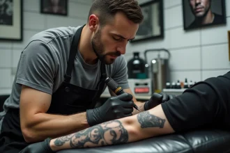 Tatoueur professionnel réalisant un tatouage réaliste sur l'avant-bras d'un client dans un salon de tatouage moderne à Toulouse