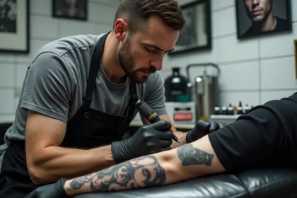 Tatoueur professionnel réalisant un tatouage réaliste sur l'avant-bras d'un client dans un salon de tatouage moderne à Toulouse