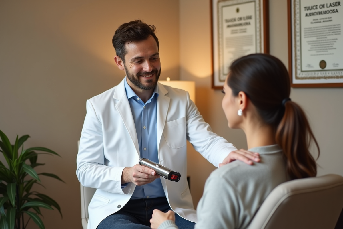 Technicien laser montrant un appareil à une patiente