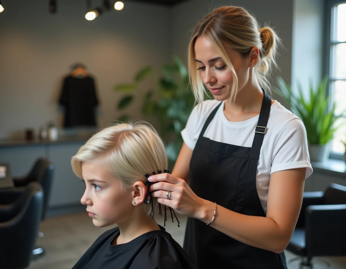 Coiffeuse appliquant la technique de mini vague sur des cheveux fins courts d'une cliente en salon professionnel