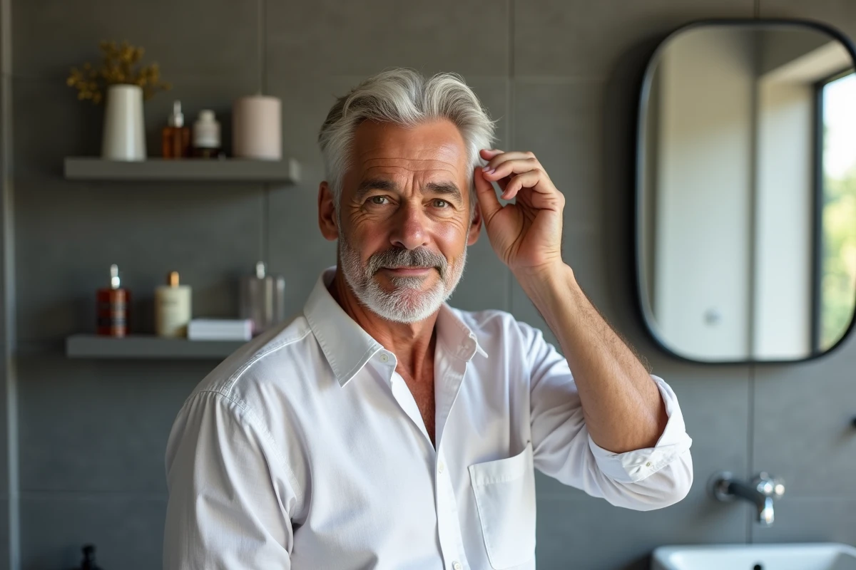 Homme de 50 ans aux cheveux blancs teints en blond foncé naturel devant un miroir de salle de bain contemporaine en pierre grise