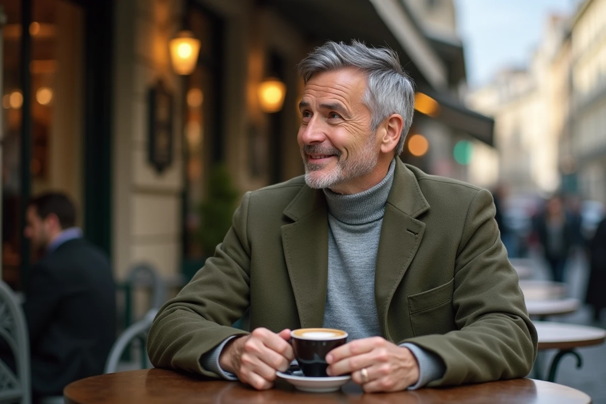 Homme élégant de 48 ans aux cheveux blancs teints en gris charbon assis en terrasse de café parisien avec une tasse d'espresso