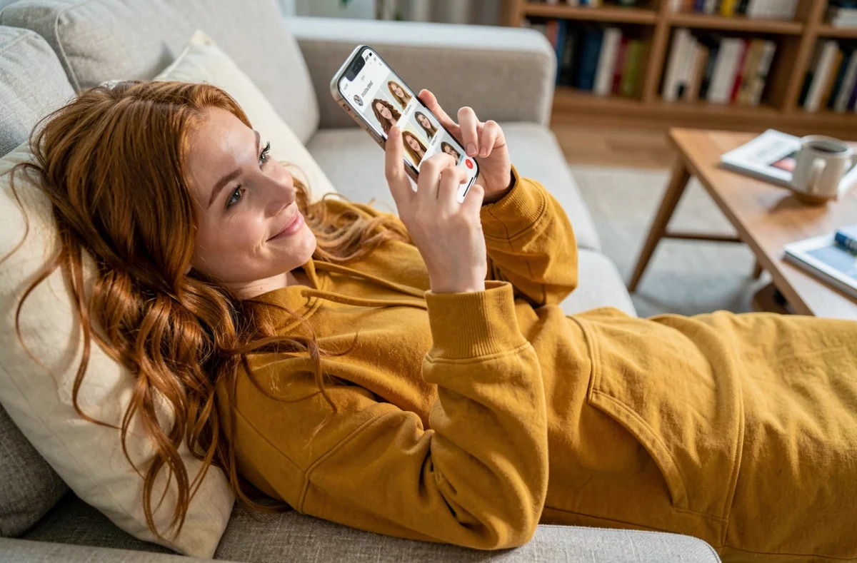 Jeune femme allongée sur un canapé utilisant une application mobile pour tester une nouvelle coupe de cheveux