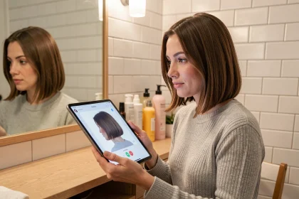 Femme testant une nouvelle coupe de cheveux virtuellement sur tablette devant un miroir de salle de bain