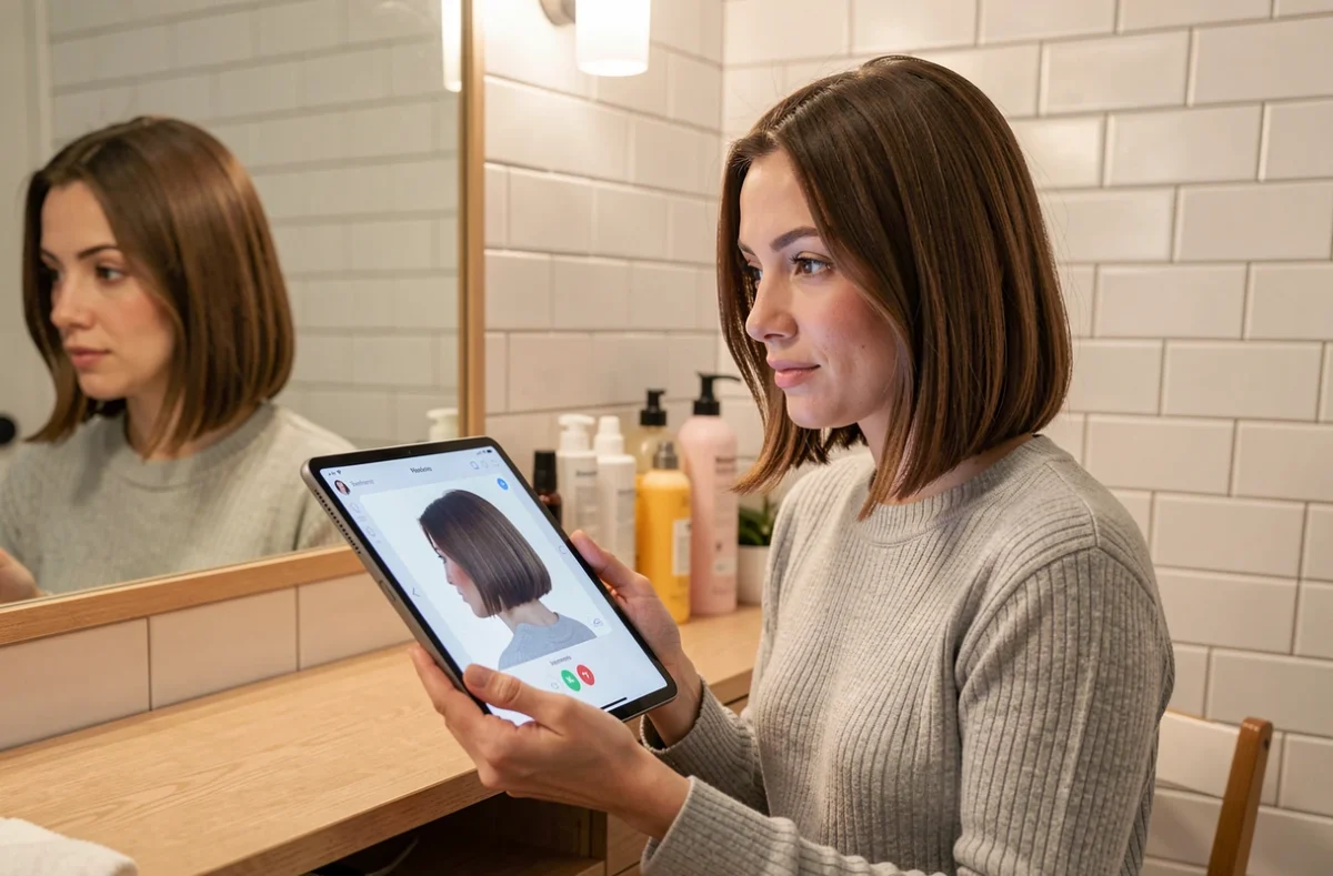 Femme testant une nouvelle coupe de cheveux virtuellement sur tablette devant un miroir de salle de bain