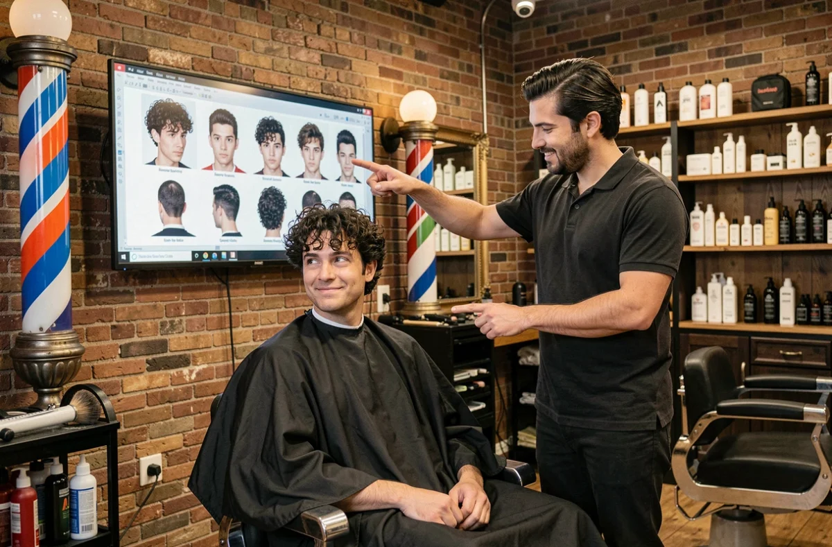 Homme en salon de coiffure testant différentes coupes de cheveux sur écran numérique avec son coiffeur