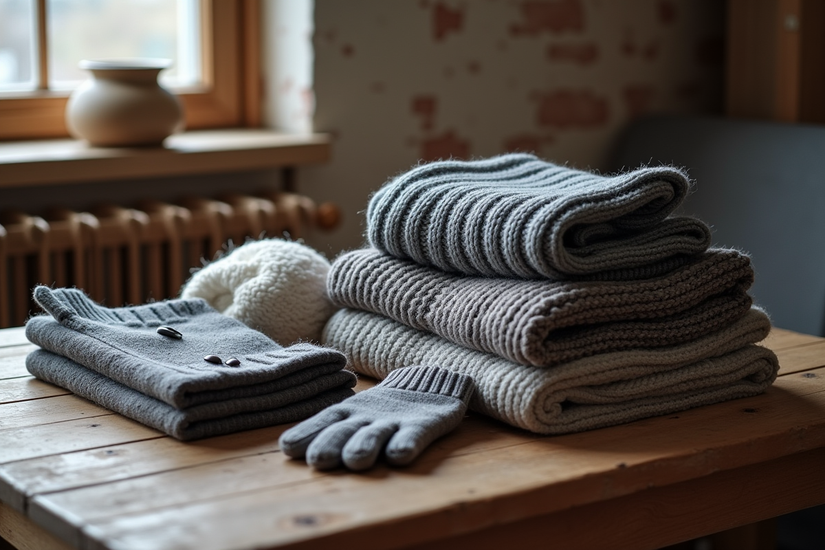 Vêtements d hiver essentiels sur table en bois rustique